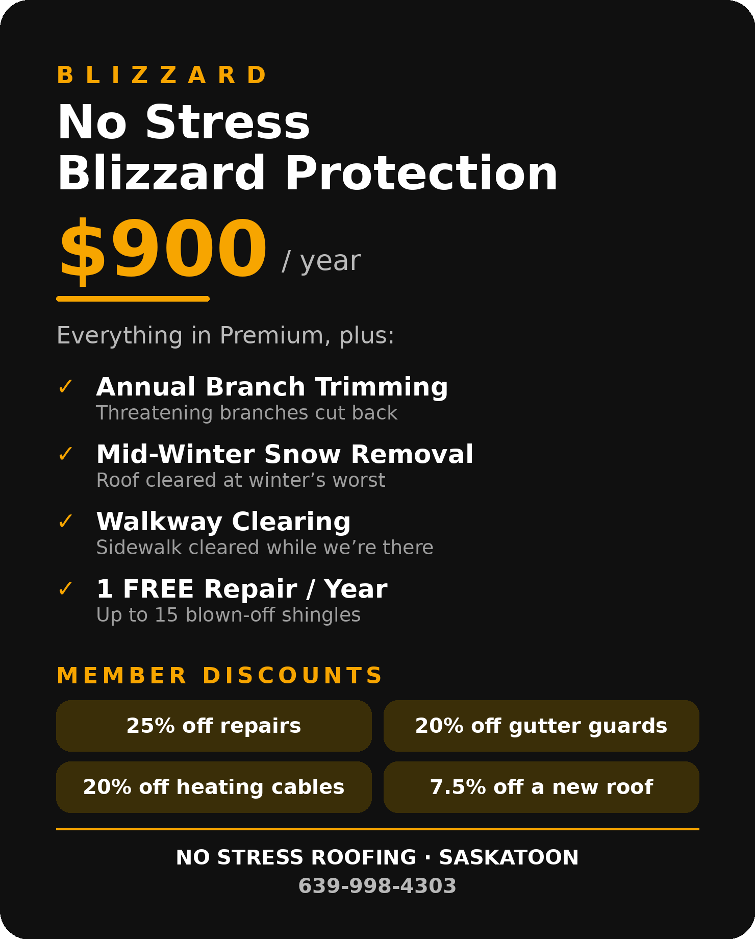 Blizzard Plan, $900 per year: everything in Premium, plus mid-winter snow removal, walkway clearing, and one free repair per year up to 15 shingles