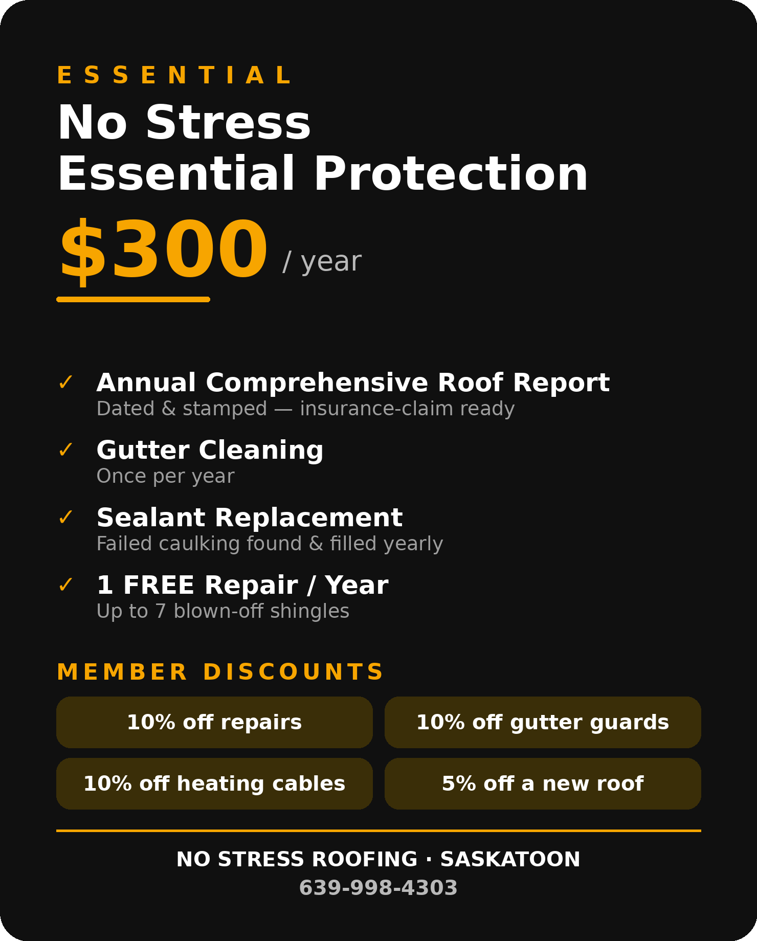 Essential Plan, $300 per year: annual roof report, gutter cleaning, sealant replacement, and one free repair per year up to 7 shingles